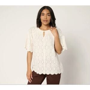 LOGO by Lori Goldstein Women's Top Plus 3X 100% Cotton Eyelet White A689564